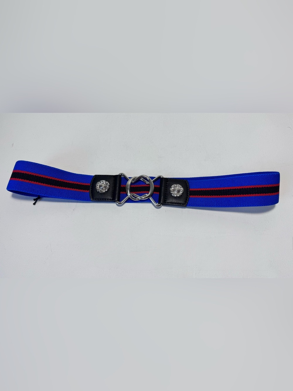 Blue and Black Striped women’s Elastic Belt with Silver hardware